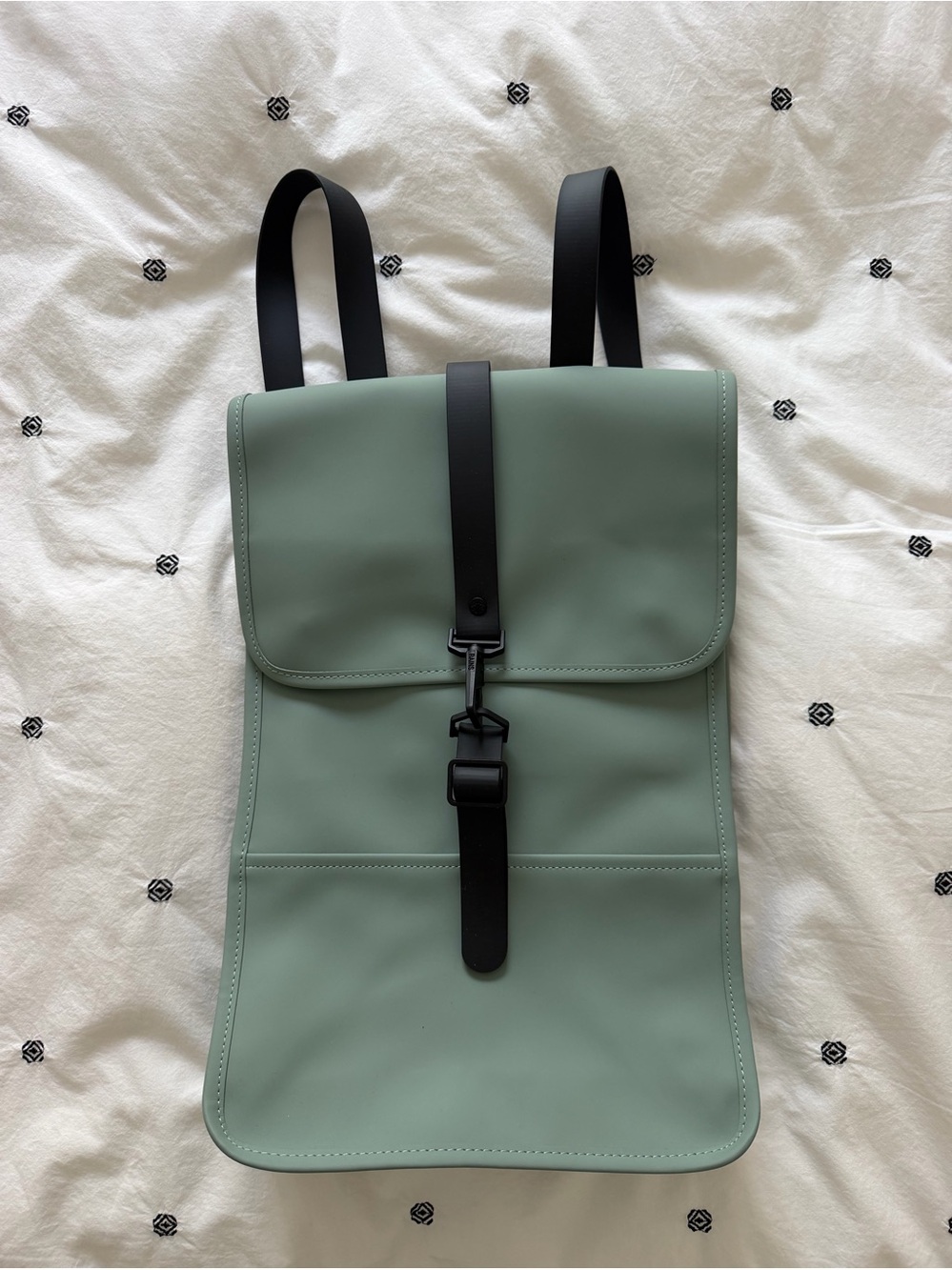 Rains Unisex Minimalist Sage Green Backpack with Black Strap